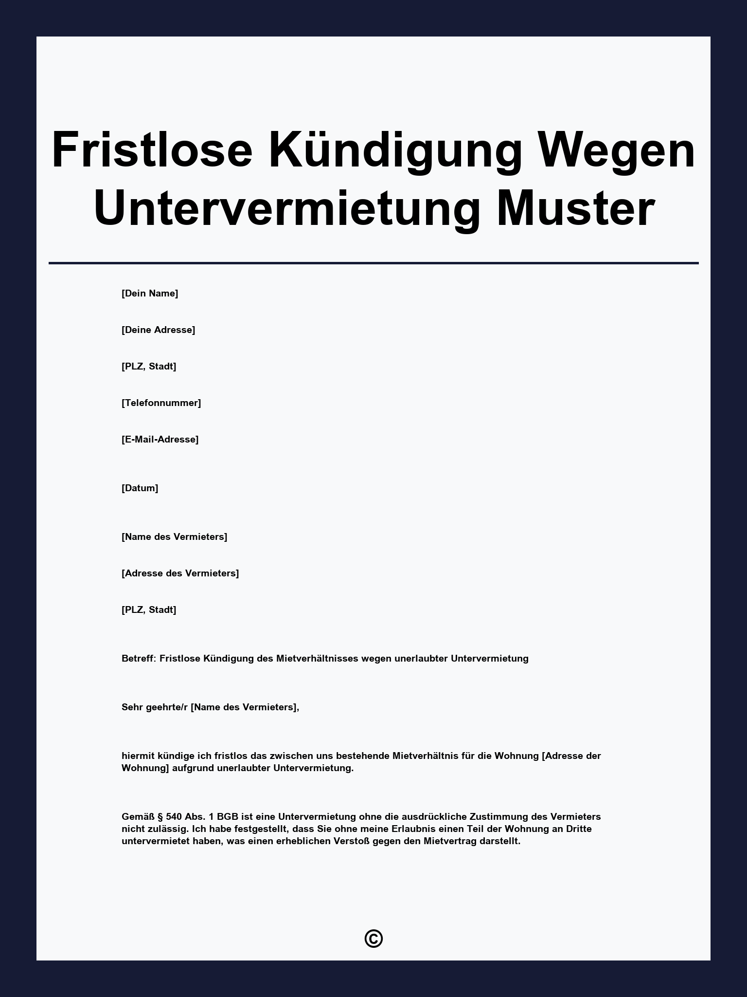 Fristlose Kündigung Wegen Untervermietung Muster